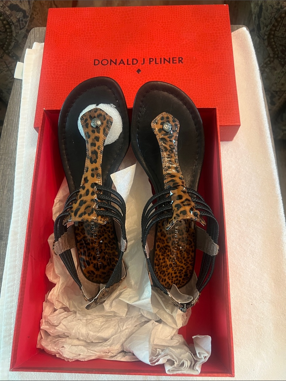 Donald J Pliner Leopard T-Strap Sandals in Black and Brown